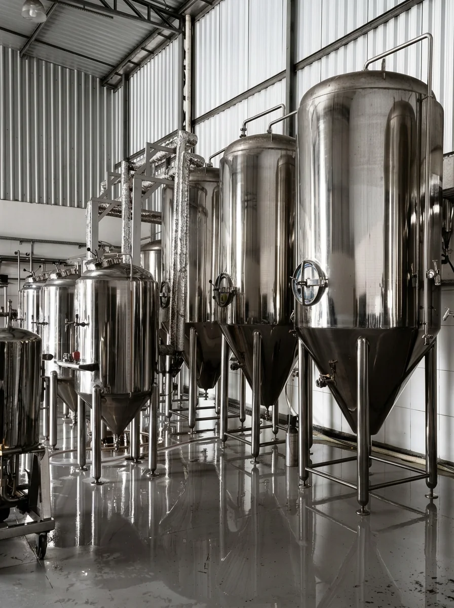 Tanques de fermentação em aço inox na fábrica da dhuo, em Dracena